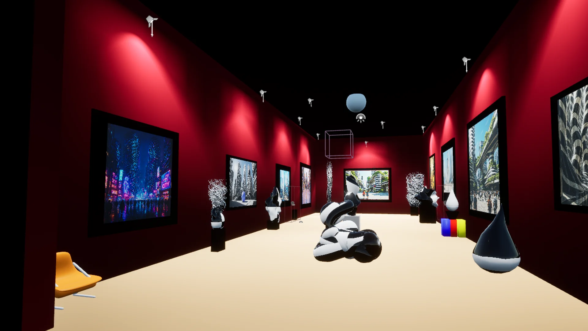 Galleria virtuale con pareti rosse, dipinti e sculture