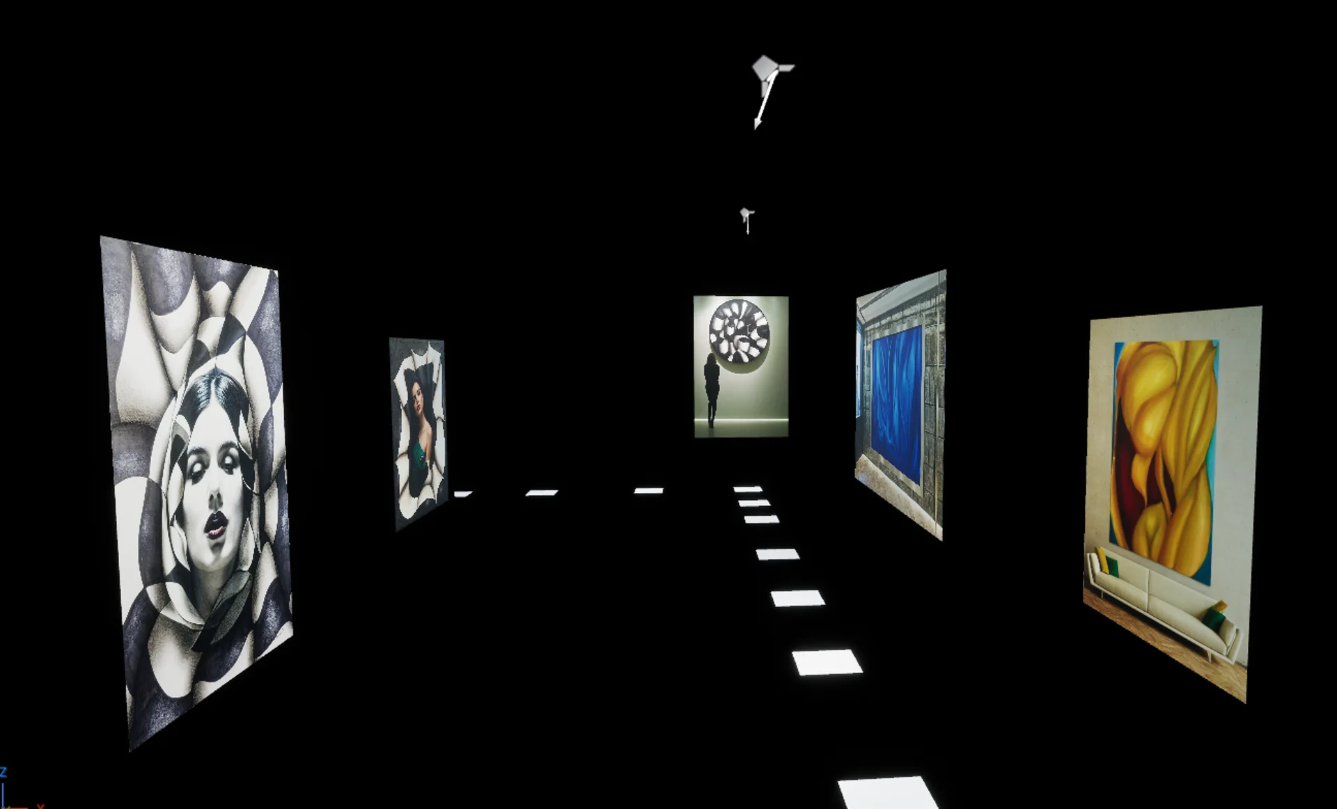 Sala virtuale immersiva con opere illuminate